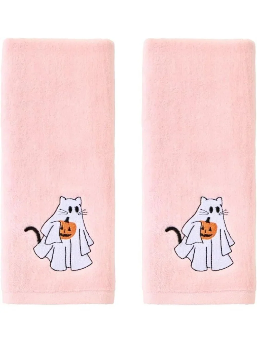 Embroidered Halloween Ghost Cat Hand Towel Set - 100% Cotton, Decorative